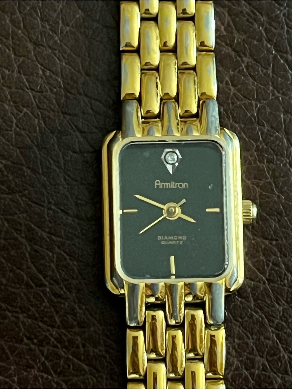 VTG Armitron Diamond Quartz Rectangular Gold Link Bracelet Watch 25/5112